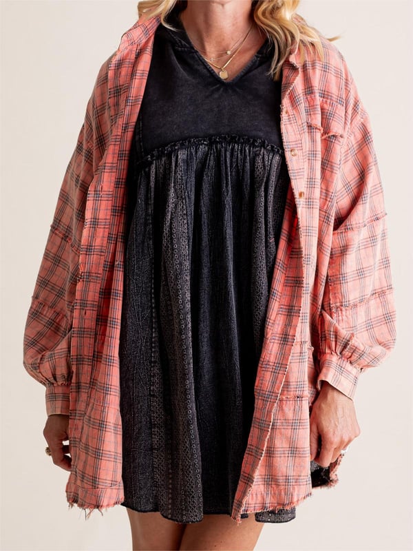 Dame Oversized Skjortejakke med Rå Sømmer og Vasket Look