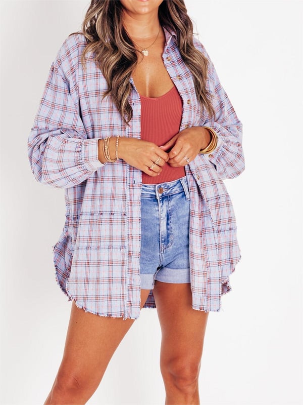 Dame Oversized Skjortejakke med Rå Sømmer og Vasket Look