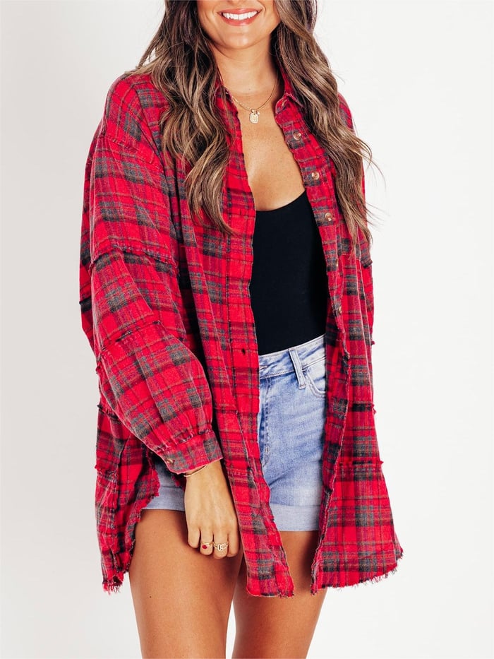 Dame Oversized Skjortejakke med Rå Sømmer og Vasket Look