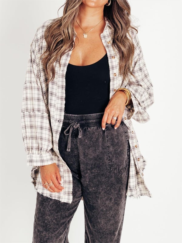 Dame Oversized Skjortejakke med Rå Sømmer og Vasket Look