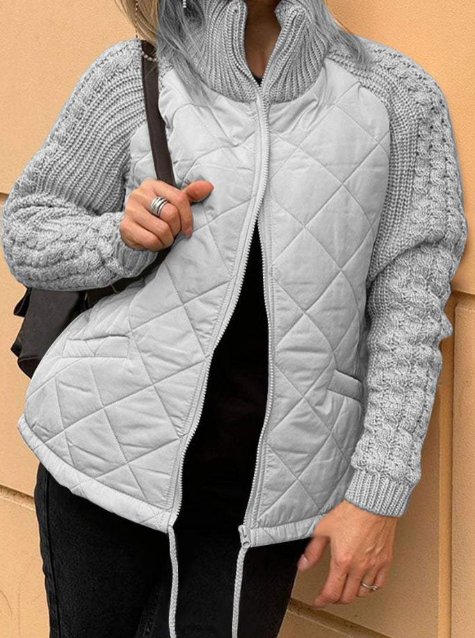 Dame avslappet ensfarget strikket patchwork jakke med glidelås