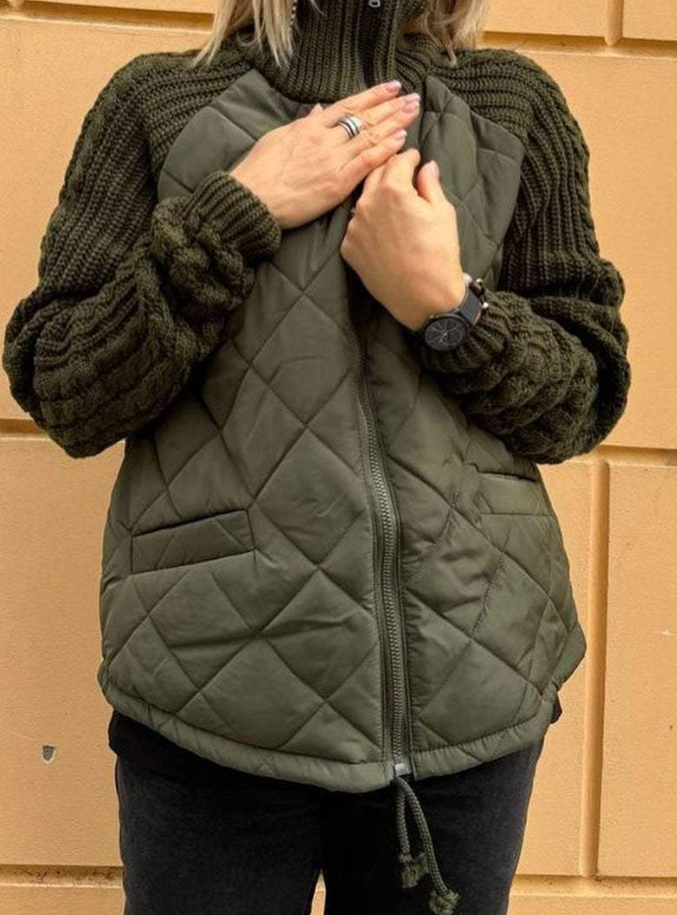 Dame avslappet ensfarget strikket patchwork jakke med glidelås