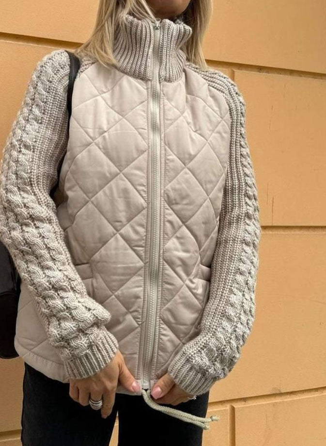 Dame avslappet ensfarget strikket patchwork jakke med glidelås