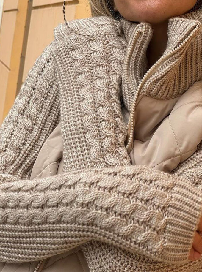Dame avslappet ensfarget strikket patchwork jakke med glidelås