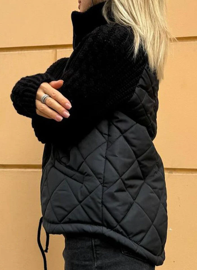 Dame avslappet ensfarget strikket patchwork jakke med glidelås