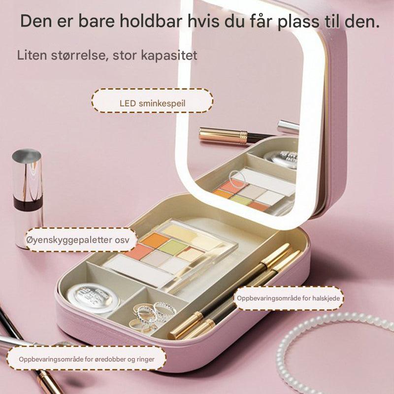 Bærbar Make-up Oppbevaringsboks med Speil og Justerbart LED-lys
