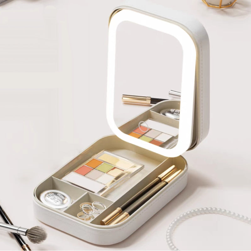 Bærbar Make-up Oppbevaringsboks med Speil og Justerbart LED-lys