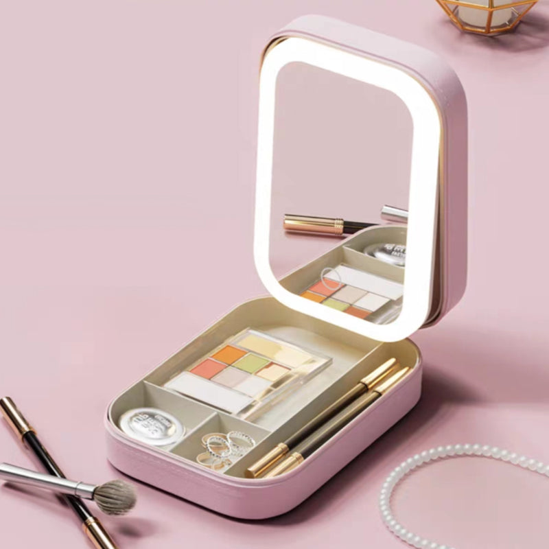 Bærbar Make-up Oppbevaringsboks med Speil og Justerbart LED-lys