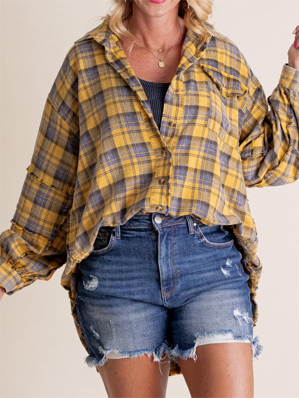 Dame Oversized Skjortejakke med Rå Sømmer og Vasket Look
