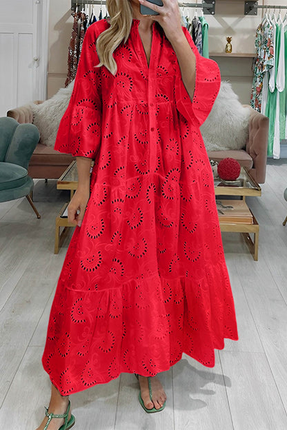 Lang Kjole i Bomull med Broderte Ermer og V-hals