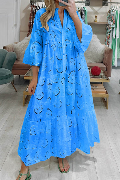 Lang Kjole i Bomull med Broderte Ermer og V-hals