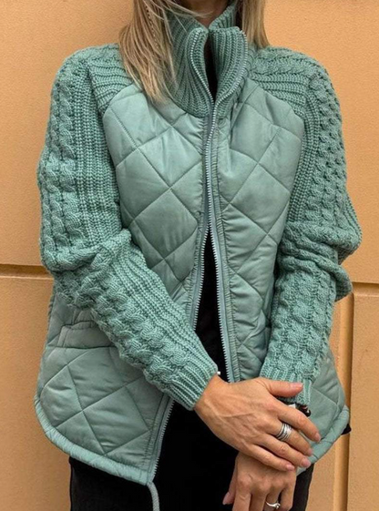 Dame avslappet ensfarget strikket patchwork jakke med glidelås
