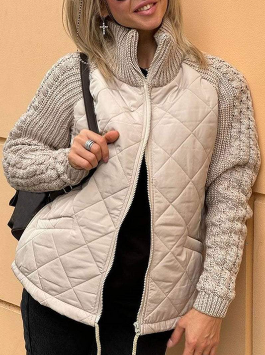 Dame avslappet ensfarget strikket patchwork jakke med glidelås