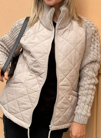 Dame avslappet ensfarget strikket patchwork jakke med glidelås